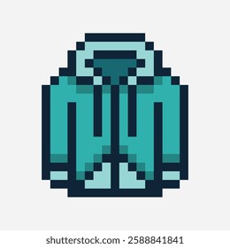 A pixel zipper hoodie or jacket in a teal color. It has a front pocket and a hood with drawstrings.