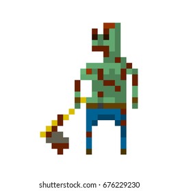 Pixel zombie with weapons for games and applications