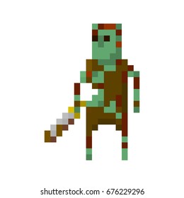 Pixel zombie with weapons for games and applications