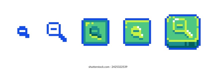 Conjunto de iconos de alejamiento de píxeles para la interfaz de usuario de juegos retro. Estilo retro de 8 bits menos lupa y botones de vista de reducción de zoom	