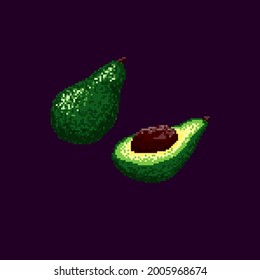 Pixel-art avocado. A slice of avocado and whole avocado on blue background. Vector