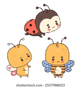 Pixel-art. Cute little bee, butterfly and ladybug collection. Isolated funny pixelation insect character. Vector illustration