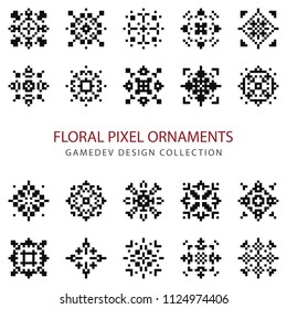 Pixel-art flowers. Floral shapes collection. Vector set.