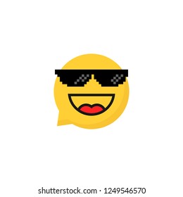 pixelart glasses on laughing emoji bubble. cartoon flat style trend 8bit expression logotype graphic design element isolated on white. concept of trendy people or hipster and thug life or tgif meme