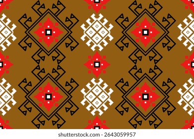 A pixel-art inspired traditional textile design featuring red and white floral-diamond motifs, with strong black geometric accents forming arrow-like corners. The pattern sits against a warm tan brown
