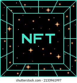 Pixel-art NFT message on a space background and vortex grid