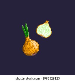 Pixel-art onion. A slice of onion and whole onion on blue background. Vector