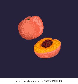 Pixel-art peach. Whole peach and slice of peach on blue background.