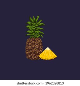 Pixel-art pineapple. Whole pineapple and slice of pineapple on blue background.