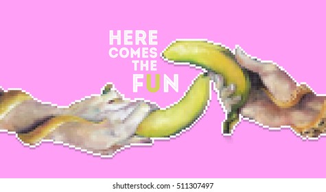 Pixel-art style illustration with two hand holding bananas. Here comes the fun. Vector 8-bit illustration vintage style. Pixel banana. Pixel octopus. 