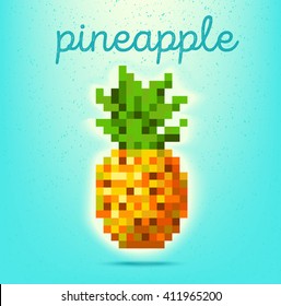 Pixel-art style poster with pineapple fruit on light green background. Vector 8-bit illustration for banner, card, print. 8-bit style.