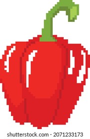 Pixel-art style of red peper. Vector 8-bit fresh red peper isolated in white background.