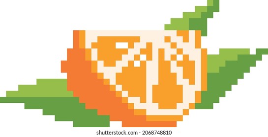 Pixel-art style slice of orange with green leaves. Vector 8-bit slice of orange isolated in white background.