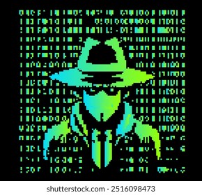 Pixel-art retrato estilizado del enmascarado Anonymous, que a menudo se asocia con el hackeo y la ciberseguridad.