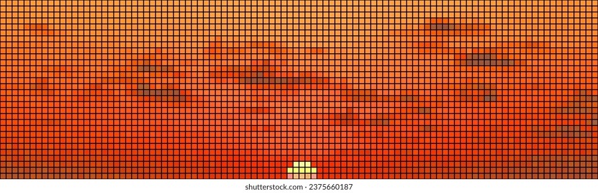 Pixelart sunset orange sky with sun and clouds with dithering. Abstract background with a pattern of multi-colored square pixels. Vector illustration in retro style.