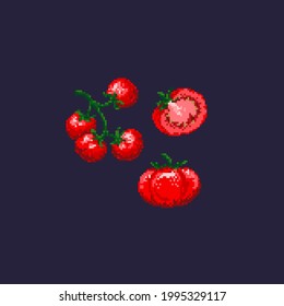 Pixel-art tomato. A bunch of tomato on blue background. Vector