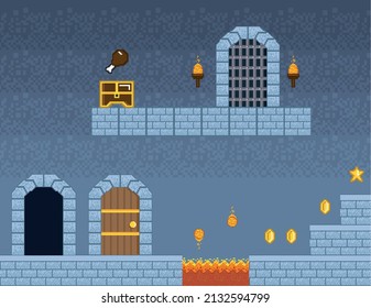 pixelart videogame castle scene and lave