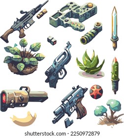 Armas Pixelart y objetos relacionados con juegos para juegos, también espadas y plantas para un círculo de píxeles vectoriales de juego