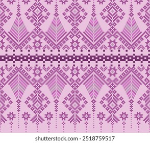 pixel-art-style pattern with geometric shapes in varying shades of purple. It features repetitive diamond and triangular motifs, with intricate smaller cross-like and star-like shapes