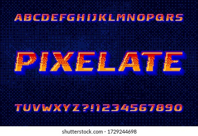 Tipo de letra del alfabeto pixelado. letras y números digitales 3D. Fondo de píxeles. Escritura de videojuegos en cascada de los años 80.