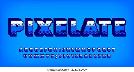 Pixelate Alphabet Font. 3D Pixel Letters And Numbers. 80s Arcade Video Game Typeface.