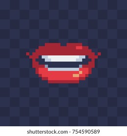 Pixelate beautiful glossy red lips. Woman mouth. Logo. Website icon. Sticker design. Pixel art style. Isolated Vector Illustration.