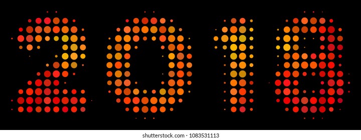 Pixelated 2018 year text icon. Bright pictogram in hot color tones on a black background. Vector halftone mosaic of 2018 year text icon created of spheric elements.