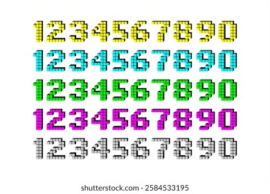 Pixelated 3D numbers in various color. Pixel 3D numbers.