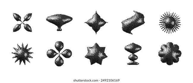Pixelated 3d Y2K shape set. Bitmap stars, flowers, sparkles, waves element collection. Retro 8 bit sticker form bundle for poster, banner, collage, graphic design. Vector dither geometric object pack