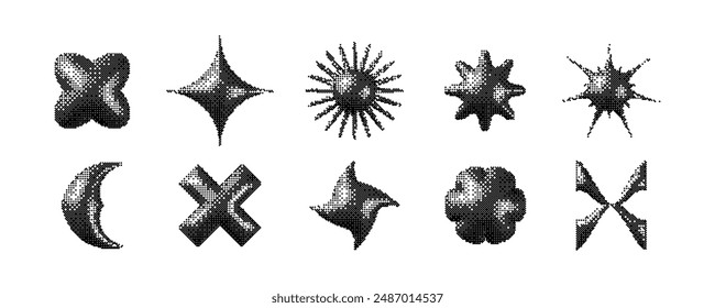 Pixelated 3d Y2K shapes set. Bitmap stars, flowers, sparkles element collection. Retro 8 bit sticker forms for posters, banners, collage, graphic design, tattoo. Vector dither geometric pack