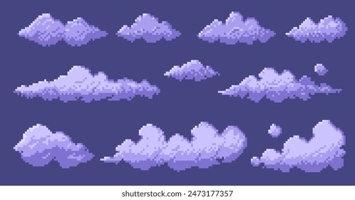 Pixelated 8 bit clouds. Retro video game sky background, digital 2D sprite asset, blue white cloud shapes for game design. Vector isolated set