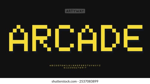 Pixelated 8-bit alphabet, retro video game style letters, nostalgic digital font, classic arcade typography, bold blocky lettering, Y2K gaming alphabet, stylized for tech branding. Vector typeset.