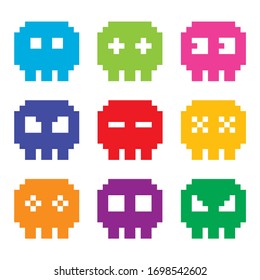 Pixelated 8bit skull vector icons set - color, ghosts or skulls 80's style design, Cartoon pixel skull icons isolated on white 
