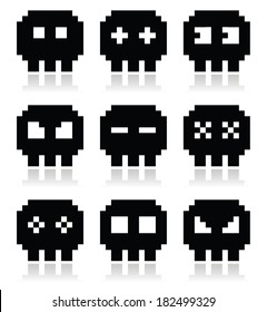 Pixelated 8bit skull vector icons set 