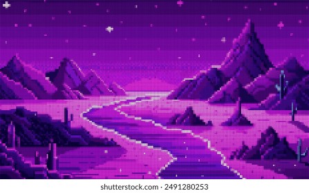 Der pixelige 8-Bit-Stil Hintergrund schafft eine Atmosphäre von Dämmerung und eine andere Welt, in leuchtenden Lila- und Dunkeltönen dekoriert. Hohe Berge mit scharfen Gipfeln und leichten Schattierungen ähneln Schnee 