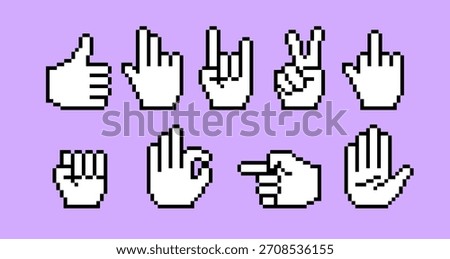 Pixelated 8-bit style white cursor hands with bold black outlines on a solid purple background. Conceptual vector illustration for gestures, emojis, retro gaming and digital communication.