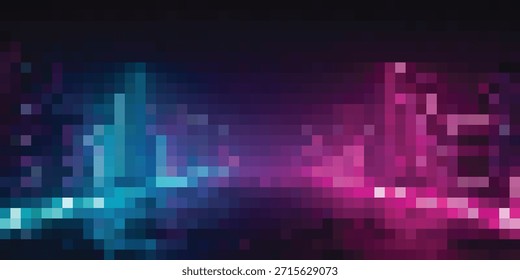 Un paisaje urbano abstracto pixelado iluminado por vibrantes luces de neón azul y rosa, creando una atmósfera futurista y energética.