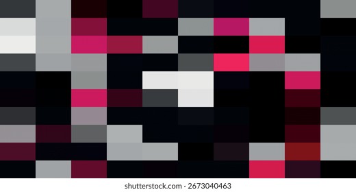 A pixelated abstract design with black, white, gray, and pink squares.