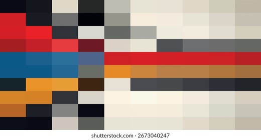 Um design abstrato pixelizado com cores vermelhas, azuis, laranja e brancas.