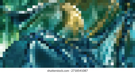 Uma imagem abstrata pixelizada com uma paleta de cores dominante de azuis profundos e verdes, intercalados com tons mais claros e ocasionalmente realces amarelos.