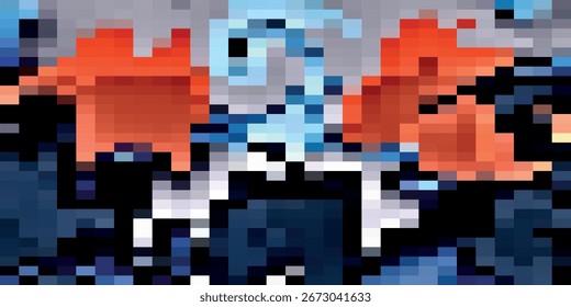 Verpixeltes abstraktes Bild in den Farben Orange, Blau und Weiß. Das Bild hat ein mosaikartiges Aussehen.