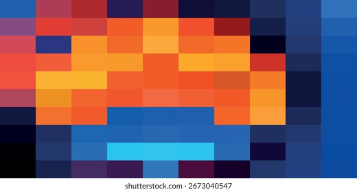Imagen abstracta pixelada con tonos de azul, naranja y rojo formando un patrón geométrico.