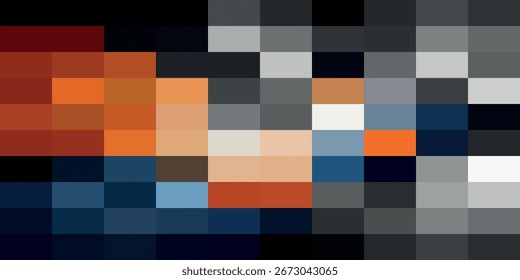 Imagem abstrata em pixels com tons de laranja, azul e cinza.