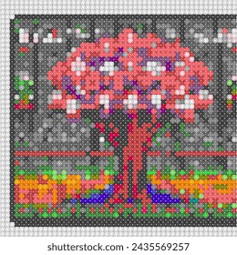 Pixelated abstract mosaic of a tree with colorful background