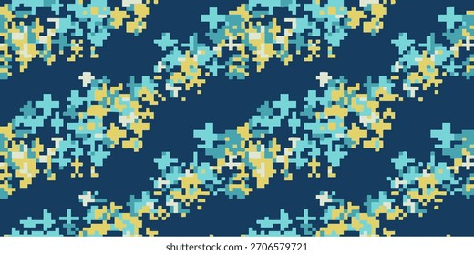 Patrón Abstractas pixelado con Formas geométricas azules, amarillas y azules sobre un fondo azul oscuro