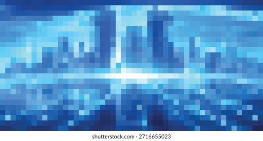 A pixelated, abstract representation of a city skyline with a futuristic, digital aesthetic.