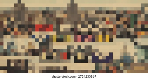 A pixelated abstract representation of a cityscape, featuring buildings and tables in a mosaic-like style.