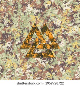 Pixelated abstract texture with the sacred Valknut symbol. Camouflage. Beige, brown, green, yellow. Editable. Seamless.