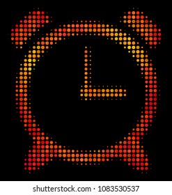 Pixelated alarm clock icon. Bright pictogram in fire orange color shades on a black background. Vector halftone composition of alarm clock symbol combined with circle items.