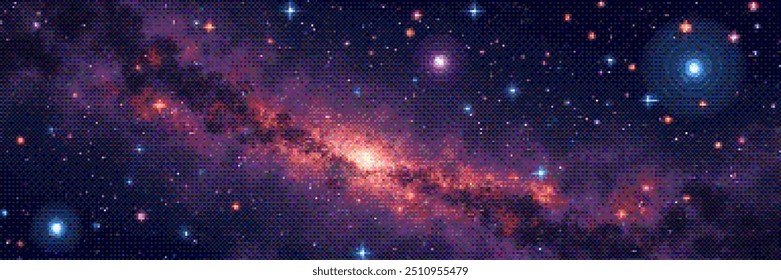 Pixelated amazing huge nebula and glowing stars in universe. Panoramic deep space scene background in vintage pixel art style with dithering effect for 8-bit retro video game. Vector illustration